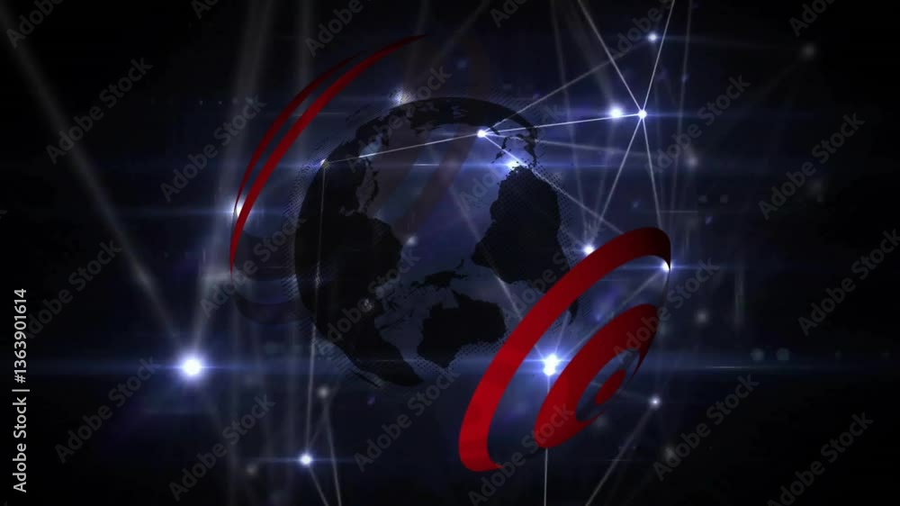 Poster animation of globe with red spiral and network connections glowing in darkness