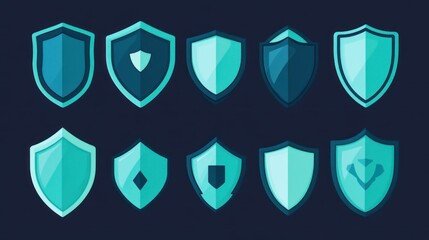 Teal shield icons; security, protection concept; dark background; website design