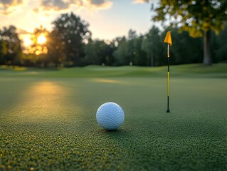 Obraz premium A pristine golf ball rests on a lush green putting green at sunset near the flag.