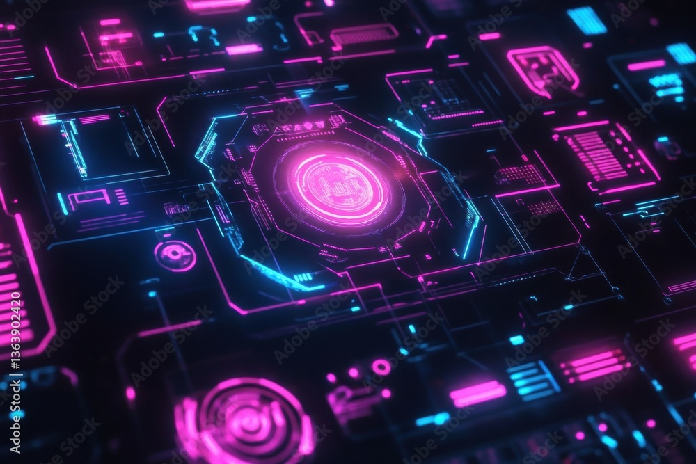 Poster futuristic holographic interface featuring glowing elements and cyberpunk design in a high-tech envi