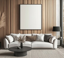 Modern living room with white sofa, wooden wall, and blank canvas.