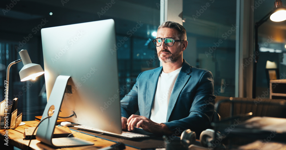Fototapete Business, man and computer in office at night for programming server, software update of deadline. Mature programmer, online and it research for problem solving, system error and solution for upgrade