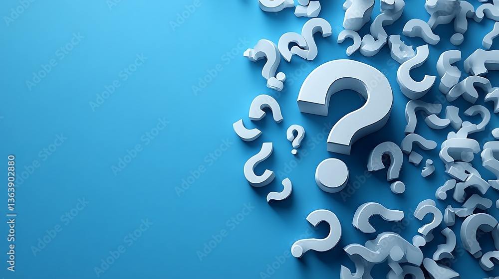 Poster white question marks on a blue background: conceptual problem solving and uncertainty visual represe