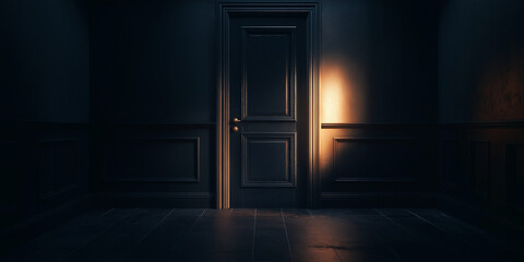 Dark room with an open door and bright backlight, creating a cinematic and mysterious atmosphere