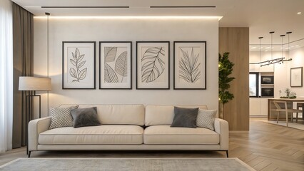 Obraz premium Serene Living Room Featuring A Beige Sofa And Four Minimalist Botanical Prints, Bathed In Soft Natural Light, Creating A Calm And Inviting Atmosphere