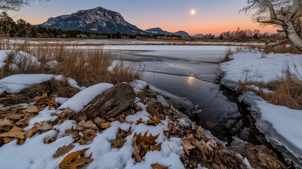 Obraz premium Semi Frozen Pond in the Mountains of Colorado with Super Full Moon and Romantic Sky