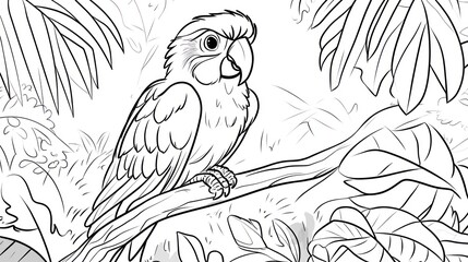 Obraz premium Macaw perched on branch, rainforest background, coloring page