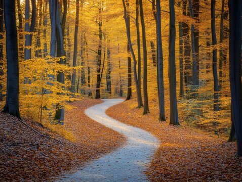 Winding path through autumn forest with forced perspective and golden hour lighting and copy space above