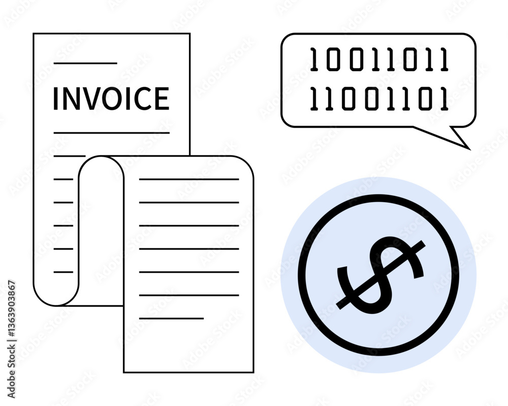 Aufkleber invoices represented on paper, a speech bubble with binary code, and a dollar sign in a circle. idea