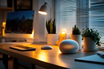 Personal assistant device in home office with warm lighting and negative space on right