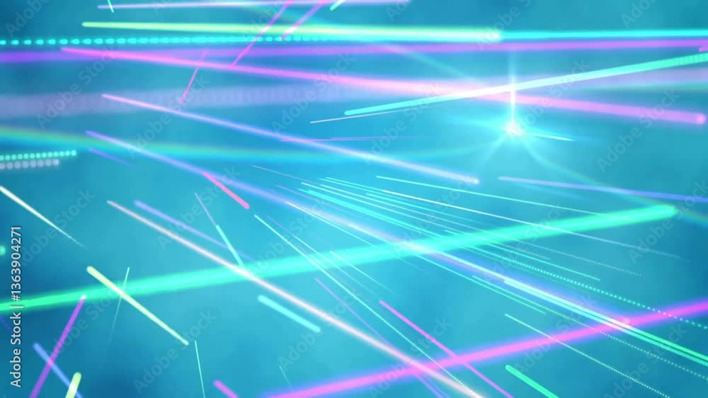 Poster creating dynamic patterns, colorful neon light streaks on blue background animation