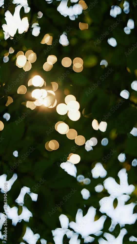 Poster sunlight filters through leaves, creating a bokeh effect. the upward camera angle adds a dreamy, cin