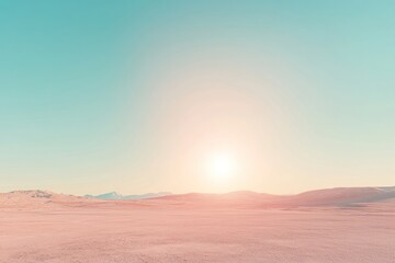 Pastel sunset over a vast, flat desert landscape.