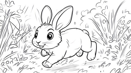 Obraz premium Happy bunny hopping through meadow; nature background; children's book illustration
