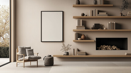 Modern Living Room with Empty Vertical Frame for Poster or Painting on Beige Wall