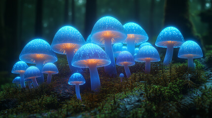 Close-up of alien-like glowing fungi, sprouting from moss with bioluminescent threads. 