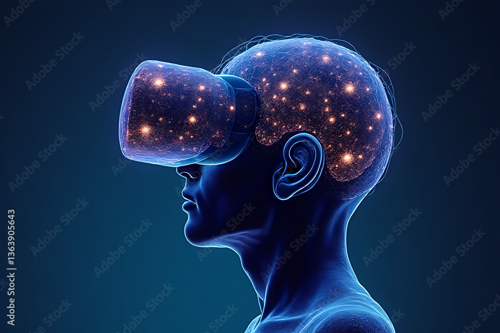 Poster exploring virtual reality technology digital space concept art futuristic environment side view