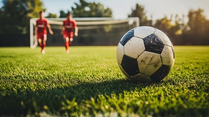Fototapeta premium A well-worn soccer ball sits on a lush green field with two players running towards a goal in the background on a sunny day.