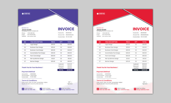 Creative Professional Business Minimal Invoice Design, Clean invoice template design. Simple Invoice Layout. Bill payment, Price receipt, Invoice bill, Invoice Set.