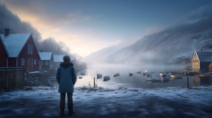 Frosty coastal town dawn glowing house windows against icy blue landscape misty fjords in background person standing still serene and cinematic high definition Nordic realism