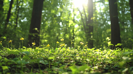 Lush Green Forest Floor With Yellow Wildflowers And Sunlight Shining Through Trees
