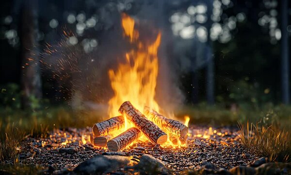 Bonfire with birch logs burning brightly in a forest clearing at dusk