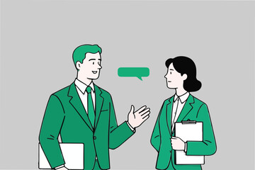 Fototapeta premium Two people discussing with a speech bubble, isolated on plain background. 