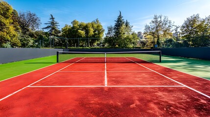 Naklejka premium A vibrant red outdoor tennis court sits ready for a match under a bright sunny sky with lush green trees in the background.
