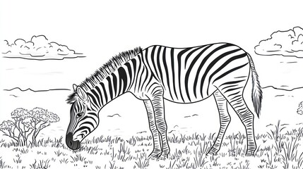 Zebra grazing in African savanna, scenic background, coloring page