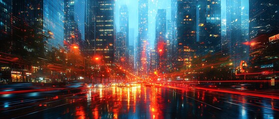 Cityscape depicting a wet street with bright lights in the night