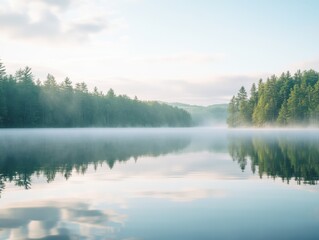 Ripples in calm lake with forced perspective and soft morning lighting with space for text