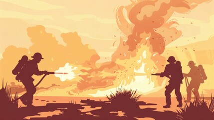 Fototapeta premium Firefighters Battling a Blaze with Courage and Determination in a Dramatic Scene