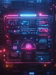 Fototapeta premium Futuristic holographic control panel with glowing elements in a clean cyberpunk environment at night