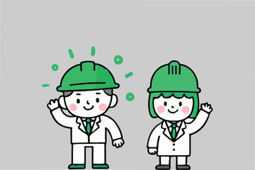Two workers wearing hard hats, waving, isolated on a plain background. 