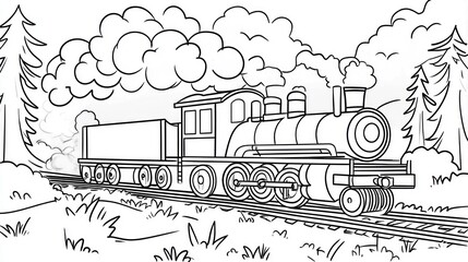 Steam train journey through forest landscape, coloring page
