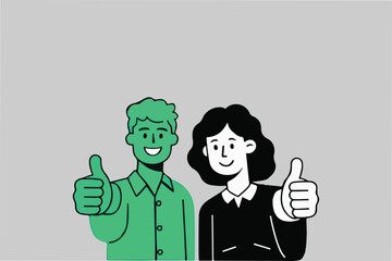 Two people giving thumbs up, smiling, isolated on plain background. 
