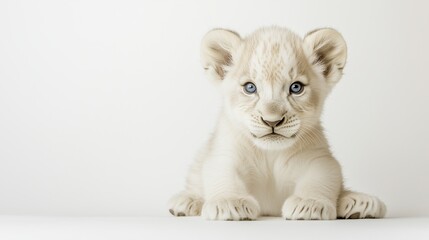 A studio shot of an adorable white lion cub, approximately 5 months old, sitting gracefully in front of a clean white background.