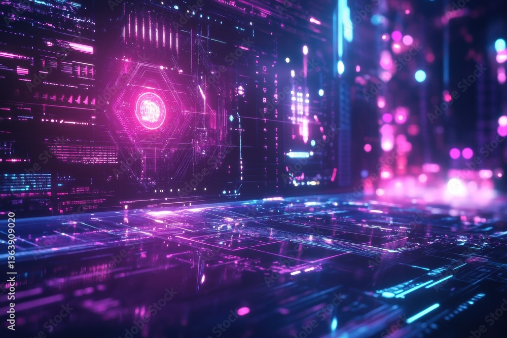Poster futuristic holographic interface with glowing elements in a cyberpunk environment featuring advanced
