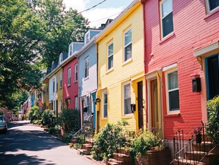 Colorful houses with forced perspective and bright midday lighting above