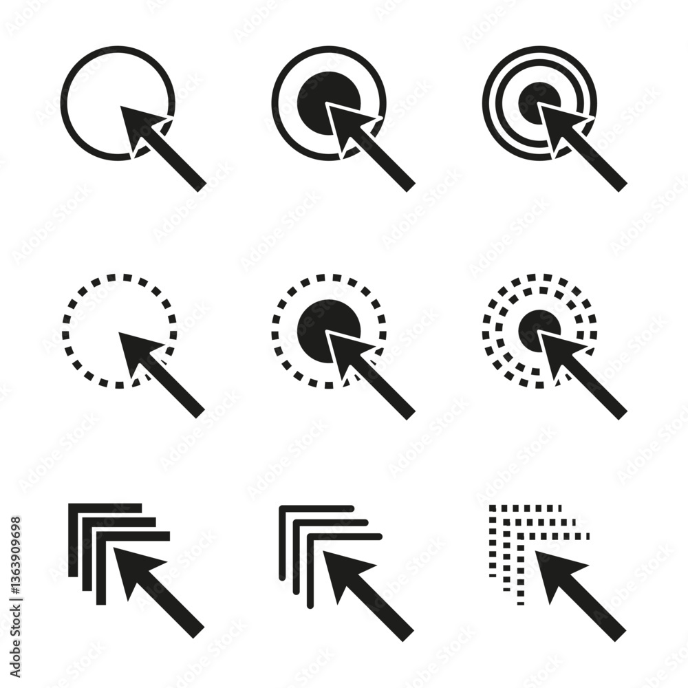 Poster cursor click icon. arrow pointer graphic. circular selection symbol. navigation vector.