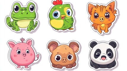 Obraz premium Adorable cartoon animals; frog, chick, fox, pig, koala, panda; children's book illustration