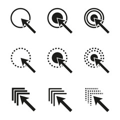 Cursor click icon. Arrow pointer graphic. Circular selection symbol. Navigation vector.
