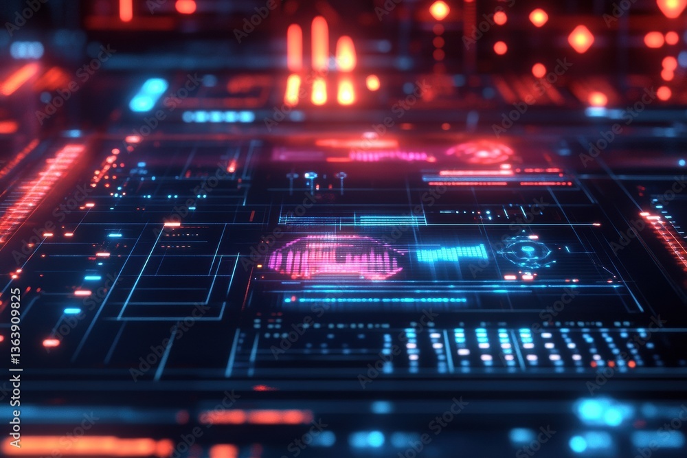 Poster futuristic holographic interface displaying glowing elements in a clean cyberpunk style
