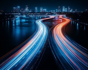 Illuminated highway curving near a city skyline at night time