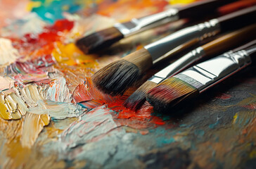 Obraz premium Close-up of an artist's palette with paintbrushes, highlighting rich oil paint textures