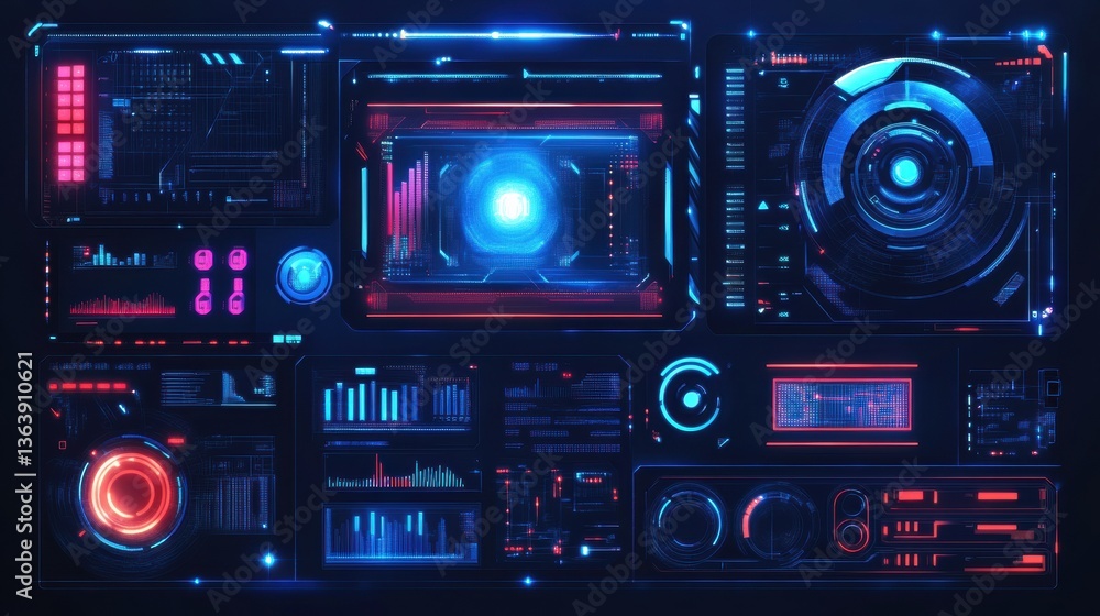 Poster futuristic holographic interface with glowing elements in a clean cyberpunk design