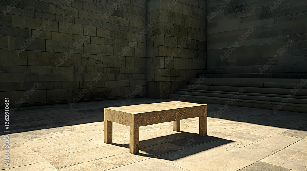 Poster wooden table centered in empty room with textured stone walls and minimalist design