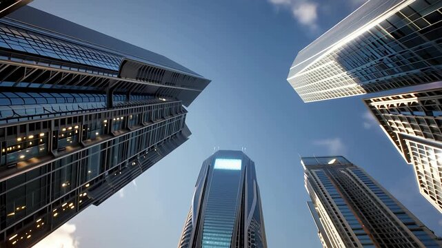 A seamless loop animation of towering high skyscrapers seen from a low-angle perspective, creating a dynamic and immersive urban scene