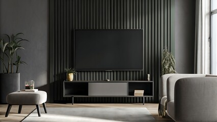 A Serene Living Room Bathed In Soft Light, Featuring A Sleek Dark Grey Entertainment Center And A Large Flat-screen Tv Against A Sophisticated Textured Wall
