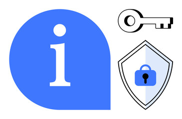 Information symbol on blue background, key, and shield with lock icon. Ideal for information security, data protection, cybersecurity, user access, IT solutions privacy digital safety. Abstract